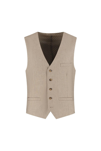 Gilet cappuccino beige: elegant beige vest with buttons and pockets, made of wool and Tencel for warmth and comfort.