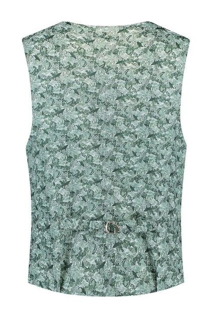 Pak ceder groen 3-delig, groene sleeveless top met bloemmotief en achterkant met ceintuur.