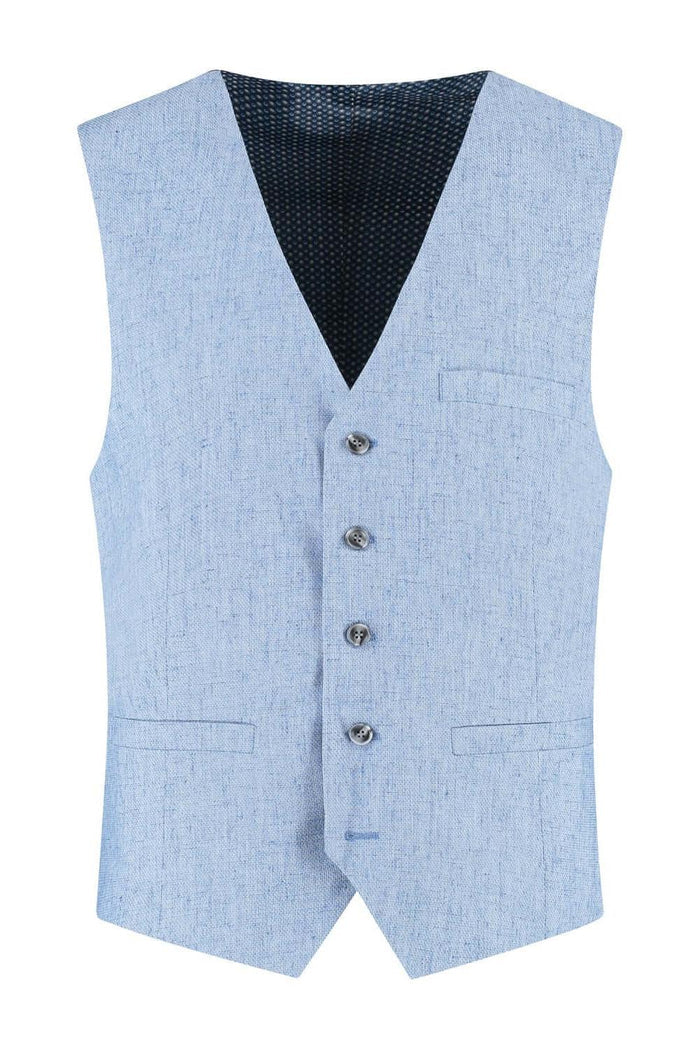 Gilet linnenblend duifblauw met verstelbare band en twee zakken, ademend materiaal.