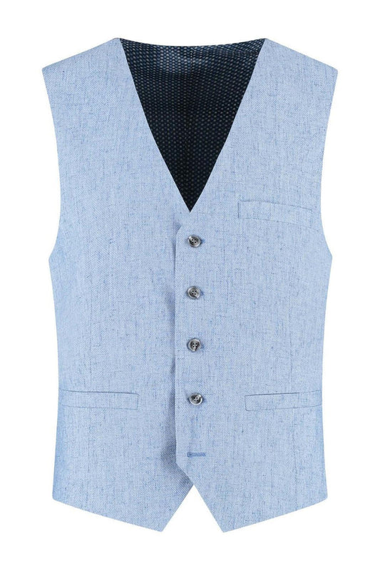 Gilet linnenblend duifblauw met verstelbare band en twee zakken, ademend materiaal.