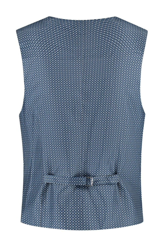Achterkant van een gilet linnenblend duifblauw met verstelbare band en ademend materiaal.