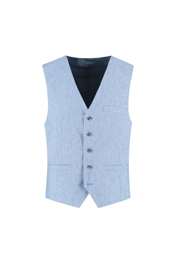 Gilet linnenblend duifblauw, ademend met verstelbare band en twee zakken, ideaal voor een frisse look.