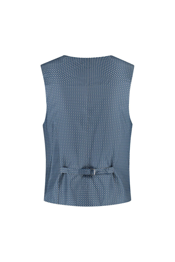 Gilet linnenblend duifblauw, ademend, verstelbare band en twee zakken, achterzijde van het gilet.