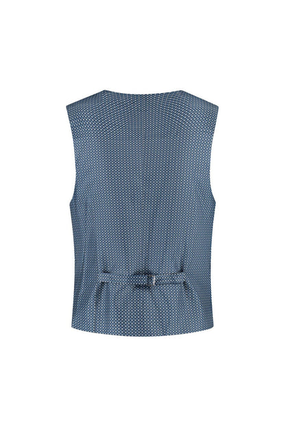 Gilet linnenblend duifblauw, ademend, verstelbare band en twee zakken, achterzijde van het gilet.