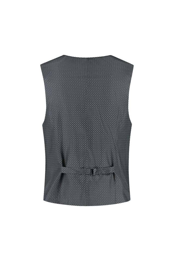 Achterzijde van gilet linnenblend zilvergrijs met verstelbare gesp en ademend design.