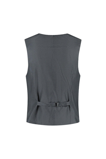 Achterzijde van gilet linnenblend zilvergrijs met verstelbare gesp en ademend design.