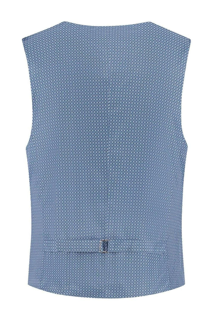 A stylish view of the back of a Gilet linnenlook blauw Blauw, featuring crease-free fabric and a tailored design.
