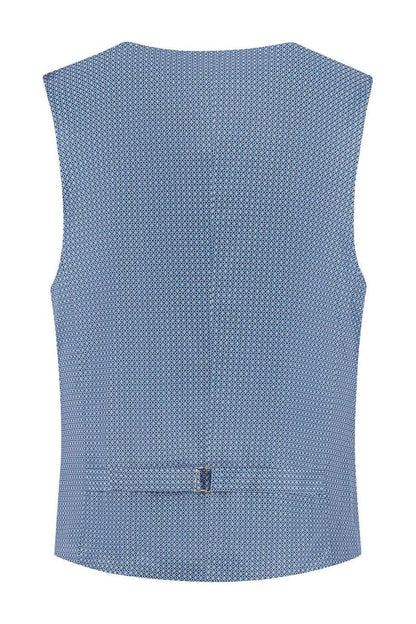 A stylish view of the back of a Gilet linnenlook blauw Blauw, featuring crease-free fabric and a tailored design.
