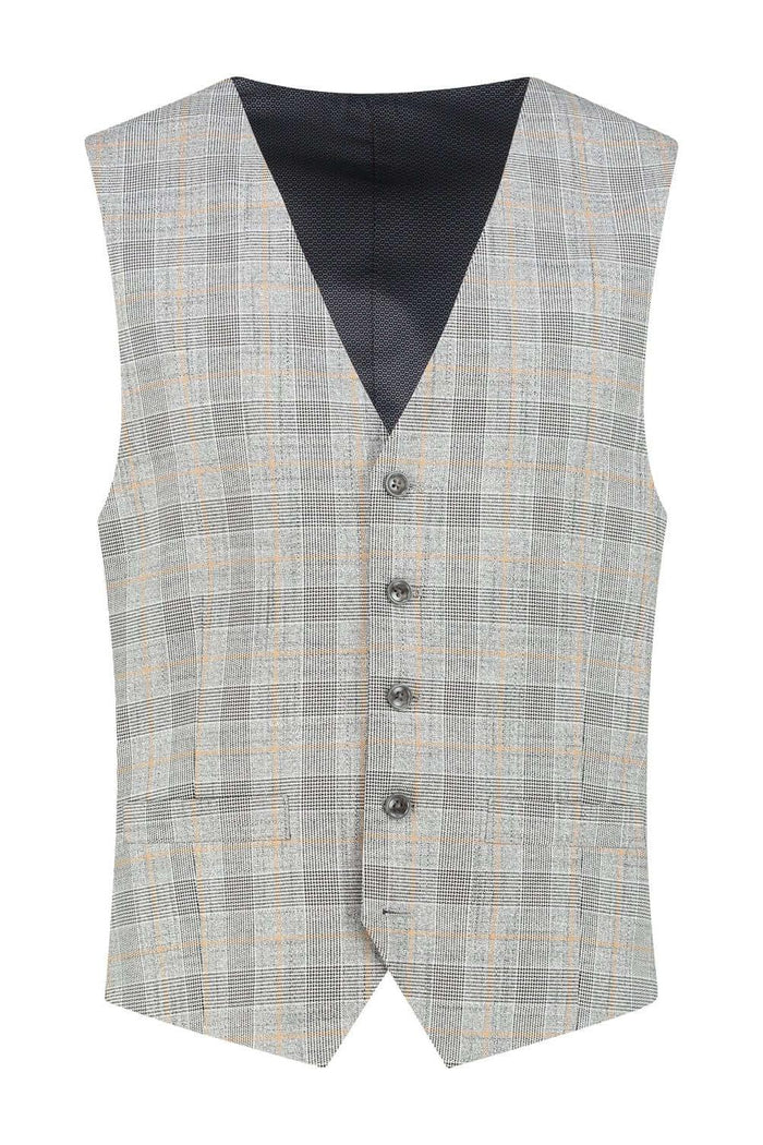 Gilet overruit grijs-brique met overruitenpatroon en knoopsluiting, trendy herenmode.