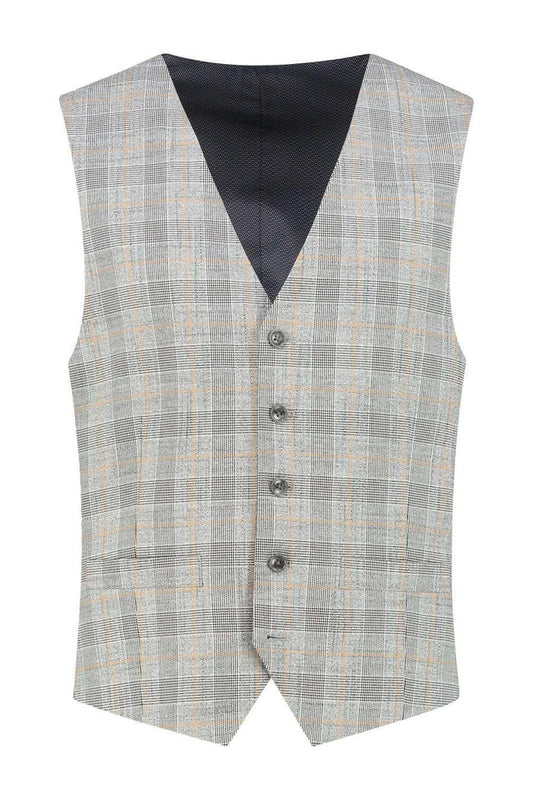 Gilet overruit grijs-brique met overruitenpatroon en knoopsluiting, trendy herenmode.