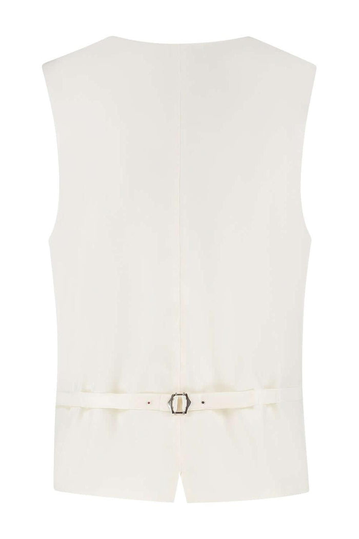 Gilet paisley champagnebeige, achterzijde met verstelbare riem en knopen, elegant ontwerp.