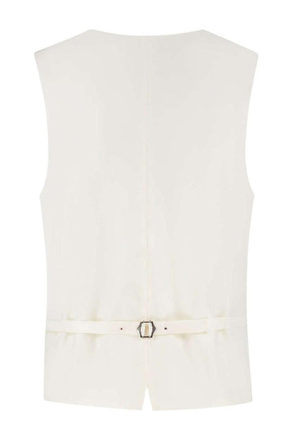Gilet paisley champagnebeige, achterzijde met verstelbare riem en knopen, elegant ontwerp.