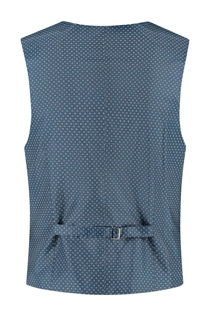 Gilet petrol blauw met subtiel rugpatroon en knoopsluiting, functionele zakken, achterkant bekeken.