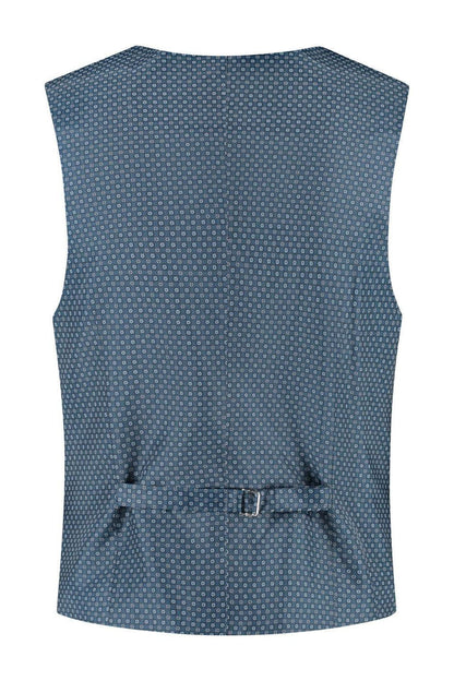 Gilet petrol blauw met subtiel rugpatroon en knoopsluiting, functionele zakken, achterkant bekeken.