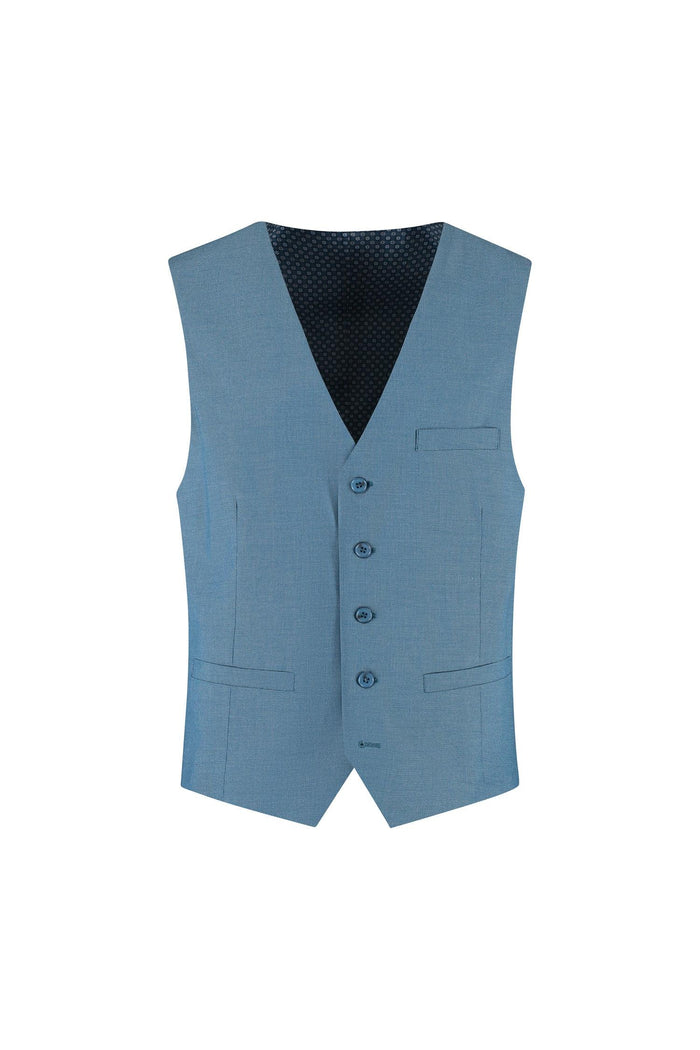 Gilet petrol blauw met knoopsluiting en functionele zakken, subtiel rugpatroon.