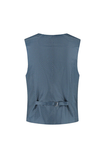 A back view of a gilet petrol blauw featuring a subtle pattern and a waist adjustment.