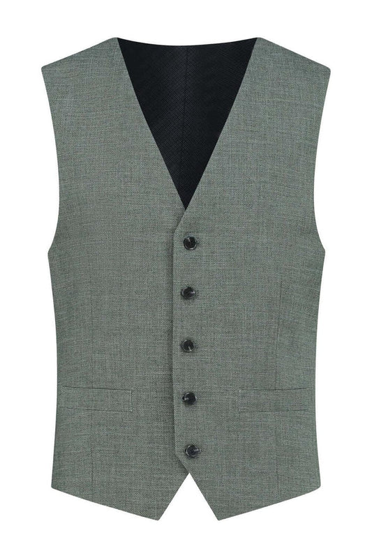 Gilet pine groen met strakke snit, V-hals en fijn geweven structuur, perfect voor formelere gelegenheden.