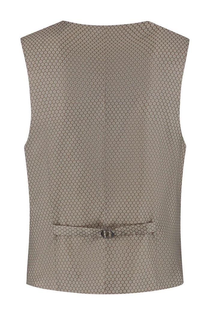 Gilet Pinhead Brown - Bruine gilet met verfijnde afwerking en knoopsluiting, achterkant zichtbaar.