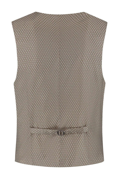 Gilet Pinhead Brown - Bruine gilet met verfijnde afwerking en knoopsluiting, achterkant zichtbaar.