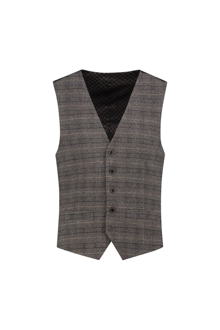 Gilet ruit grijsbruin, stijlvol grijsbruin gilet met ruitdessin, modern fit, kreukt minder.