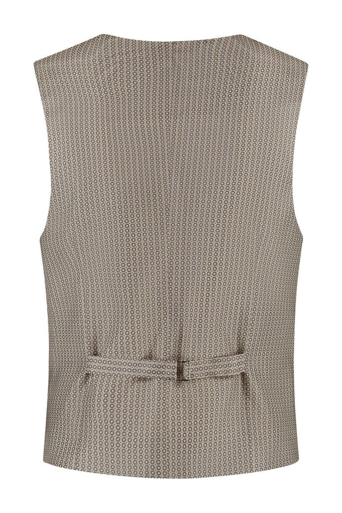 A back view of a beige Gilet strandzand made from breathable, wrinkle-free fabric with a stylish belt detail.