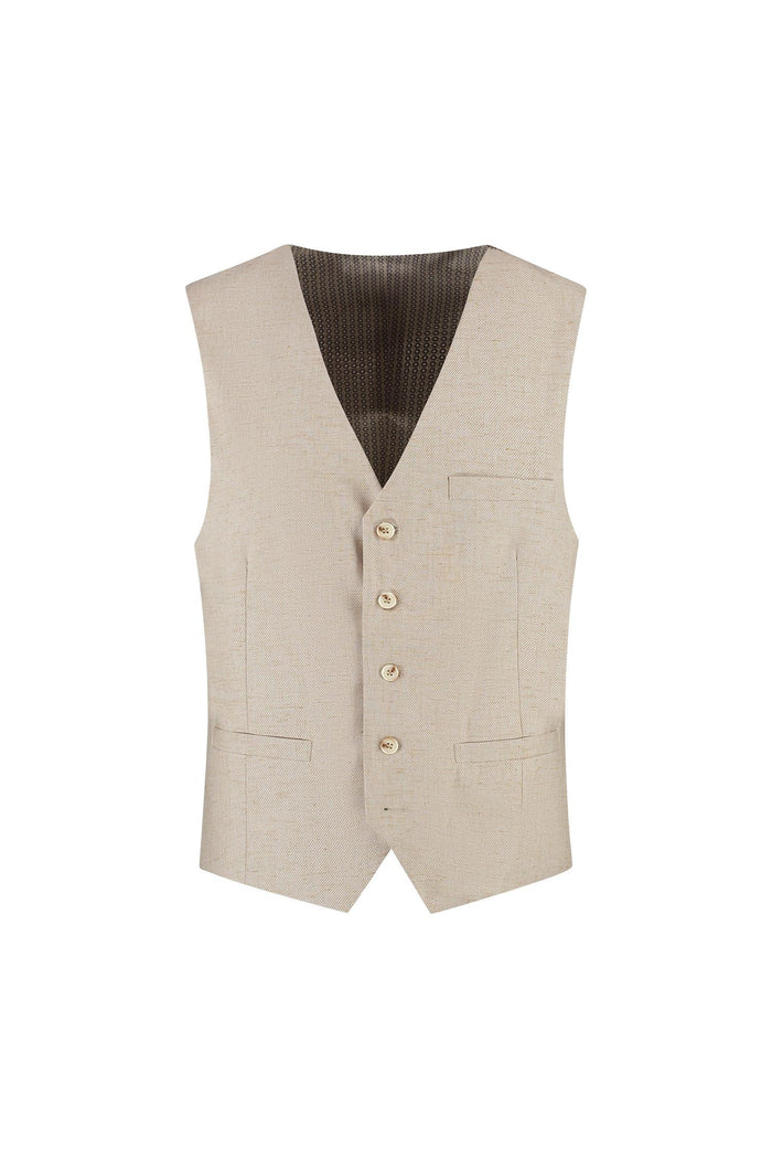 Gilet strandzand, beige gilet met ademende stof en knopen, perfect voor elke gelegenheid.