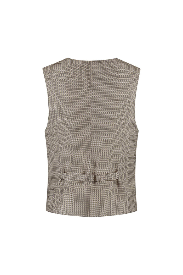 A back view of a beige Gilet strandzand made from breathable, wrinkle-free fabric with a belt.