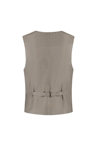 A back view of a beige Gilet strandzand made from breathable, wrinkle-free fabric with a belt.