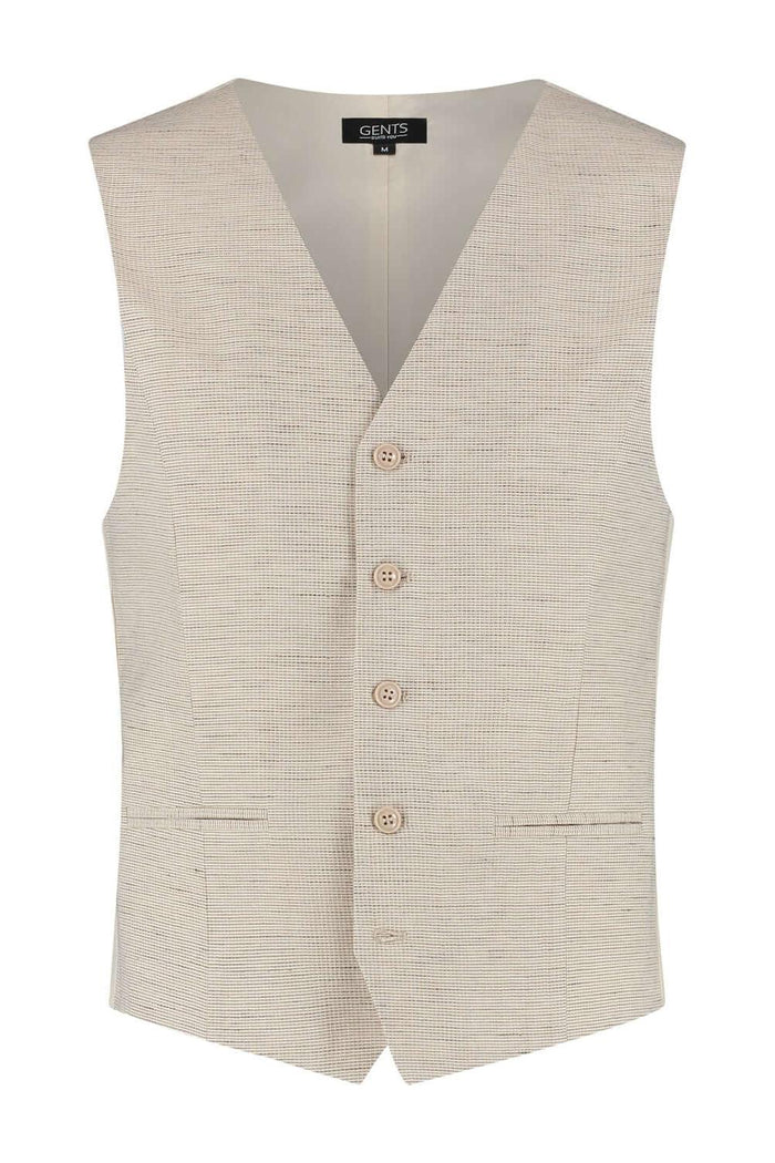 Gilet structuur zand - zandkleurig gilet met structuur in zijde-katoen-linnen mix.