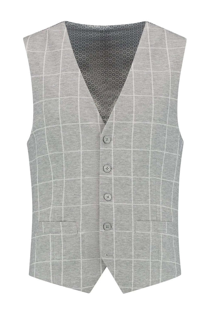 Gilet windowpane grijs, slank gilet met V-hals in grijs windowpane, perfect voor stijlvolle outfits.