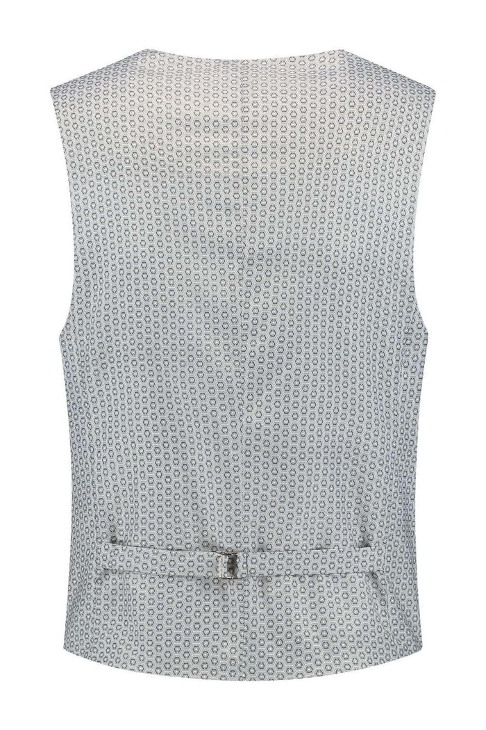 Gilet windowpane grijs achterzijde met slanke pasvorm en V-hals detail.