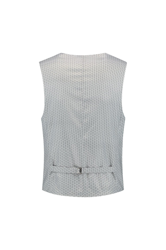Gilet windowpane grijs, slank gilet met V-hals in grijs windowpane, achteraanzicht.