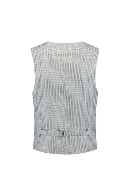 Gilet windowpane grijs, slank gilet met V-hals in grijs windowpane, achteraanzicht.
