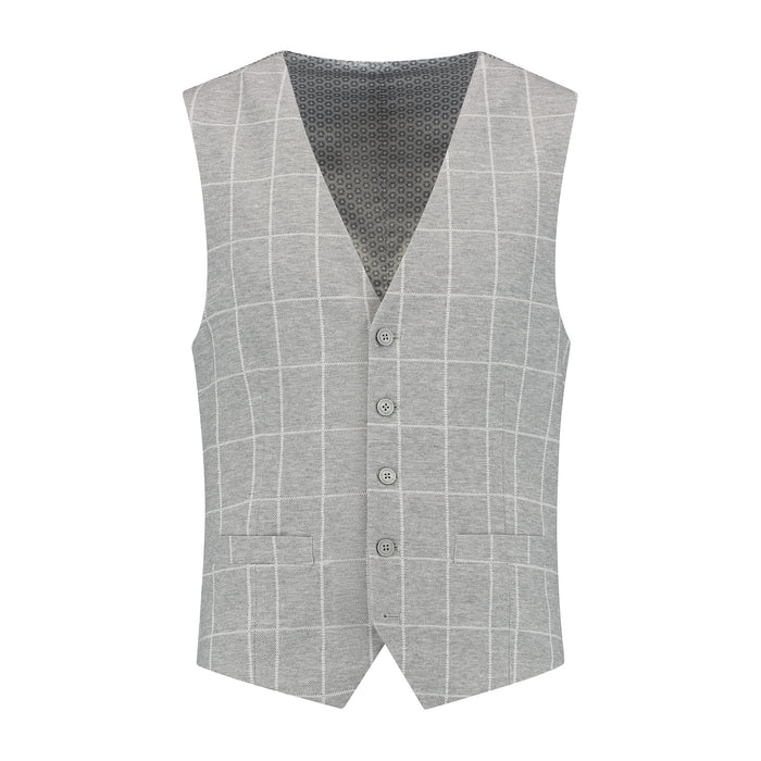 Gilet windowpane grijs met V-hals en grijs windowpane patroon voor een slankere uitstraling.