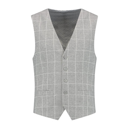 Gilet windowpane grijs met V-hals en grijs windowpane patroon voor een slankere uitstraling.