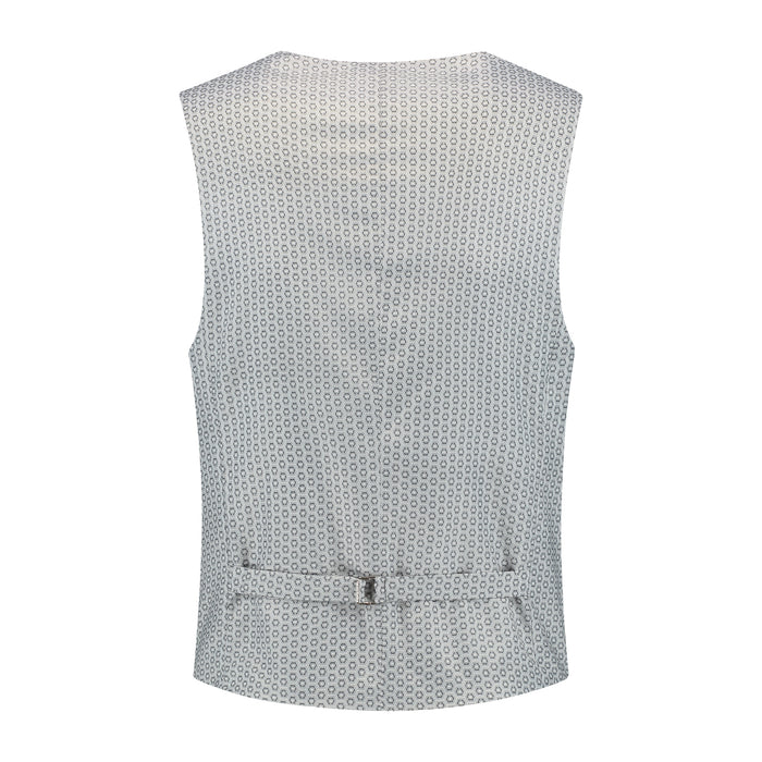 Gilet windowpane grijs, slank gilet met V-hals in grijs windowpane, achteraanzicht.