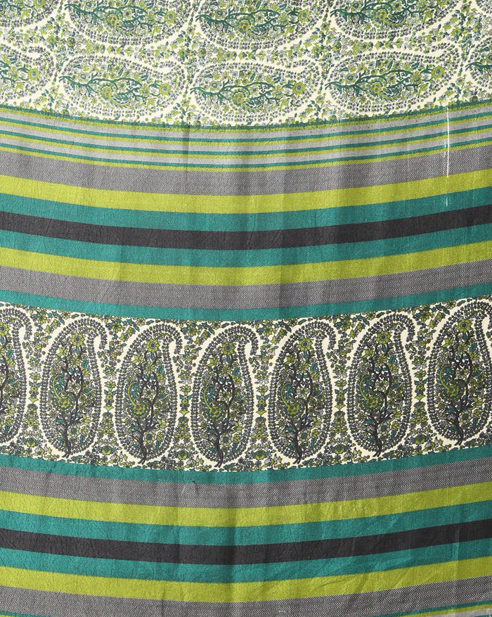 Indiehaat | Kashmiri Silk Printed Saree White & Green