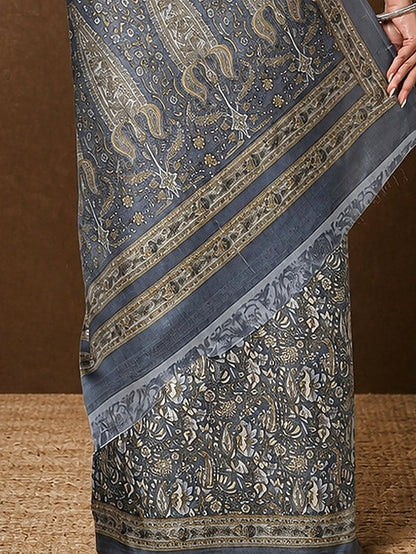 Indiehaat | Kashmiri Silk Printed Saree Slate Grey & Char