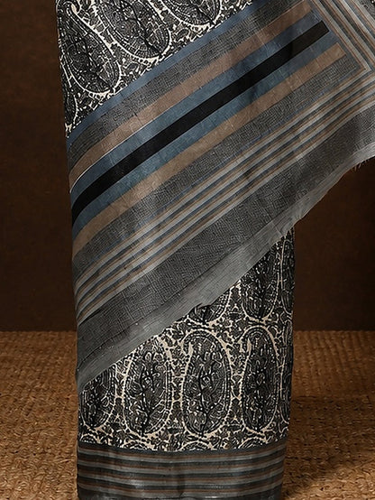Indiehaat | Kashmiri Silk Printed Saree Grey & Black