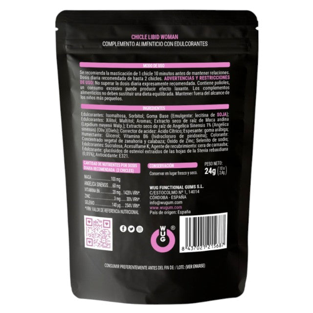 Gumă de mestecat WUG Chicle Libid Woman, pentru libido feminin, cu maca, vitamina B6, zinc și seleniu, fără zahăr, 10 buc