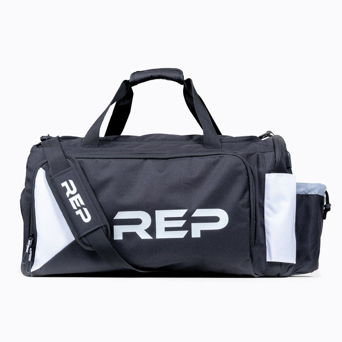 Side view of the black and white REP gym bag