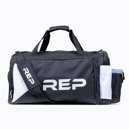 Side view of the black and white REP gym bag