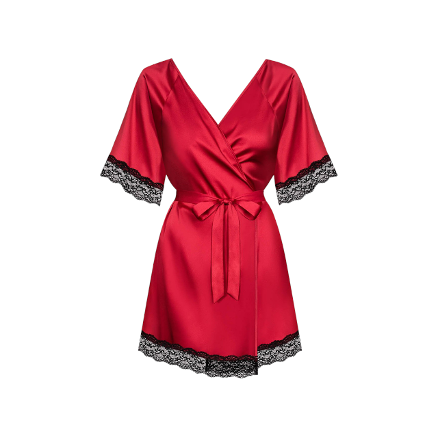 Halat sexy OBSESSIVE Sensuelia, din satin cu dantelă decorativă, culoare negru și roșu, mărime S/M
