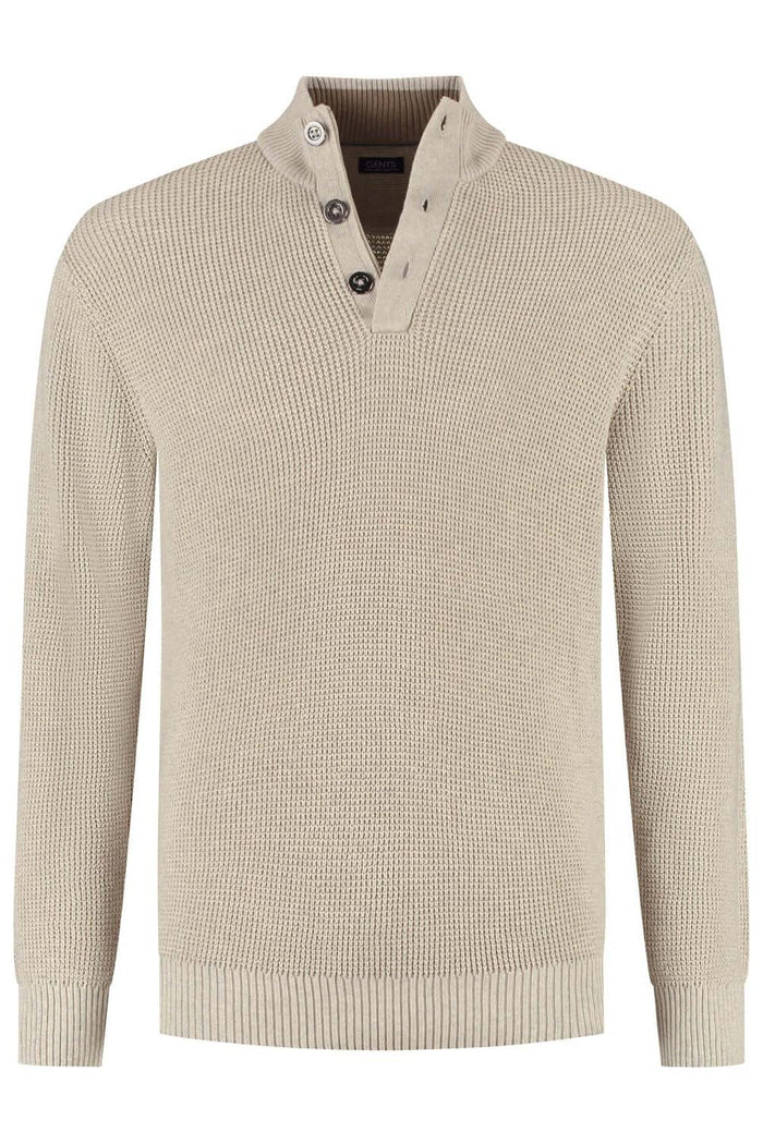 Half zip-knopen structuur ecru. Katoenen trui met knopen en halve ritssluiting in ecru kleur.