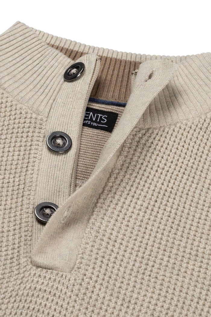 Half zip-knopen structuur ecru met knopen en halve ritssluiting, katoen in ecru tint.