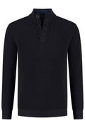 Half zip-knopen structuur navy - Katoenen trui met knoopsluiting en opstaande kraag in donkerblauw.