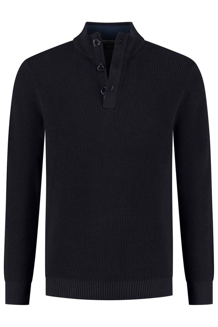 Half zip-knopen structuur navy - Katoenen trui met knoopsluiting en opstaande kraag in donkerblauw.