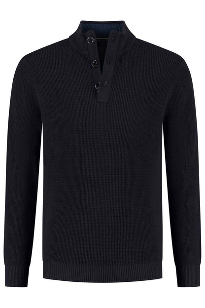 Half zip-knopen structuur navy - Katoenen trui met knoopsluiting en opstaande kraag in donkerblauw.