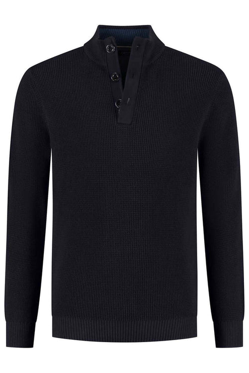Half zip-knopen structuur navy - Katoenen trui met knoopsluiting en opstaande kraag in donkerblauw.