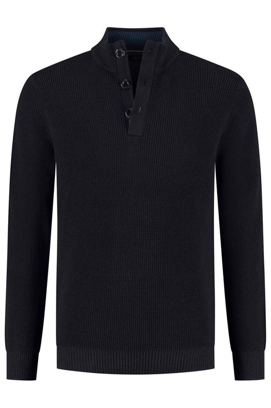 Half zip-knopen structuur navy - Katoenen trui met knoopsluiting en opstaande kraag in donkerblauw.